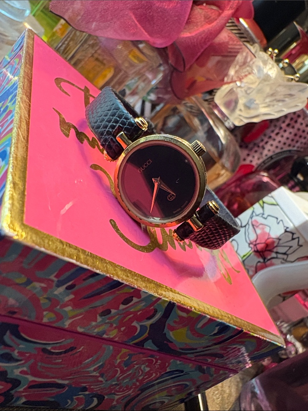 Gucci Gold-Tone Case Black Dial Leather Strap Women's Watch